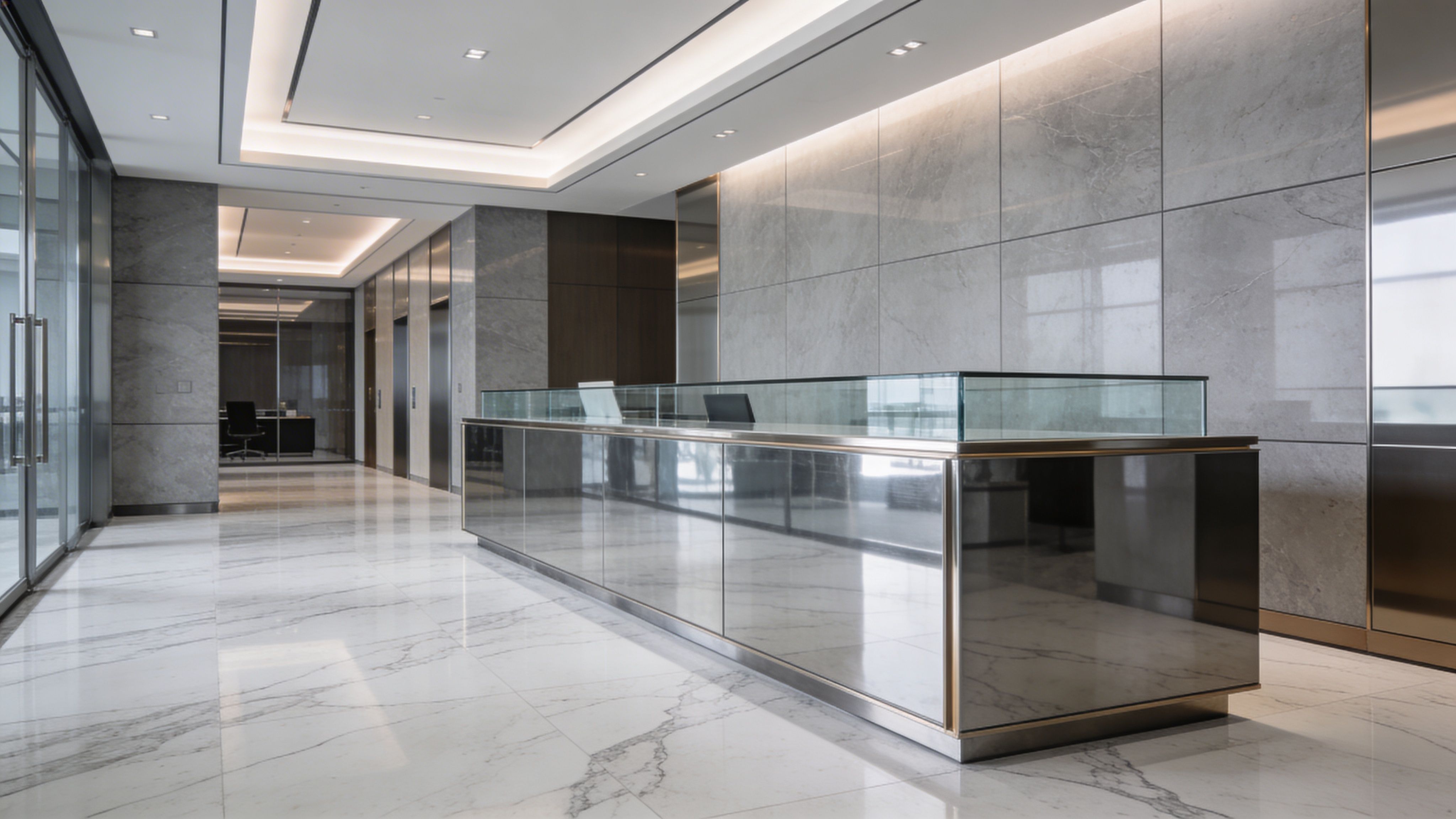 Premium office lobby interior with marble flooring, sleek reception desk, and minimalist luxury design
