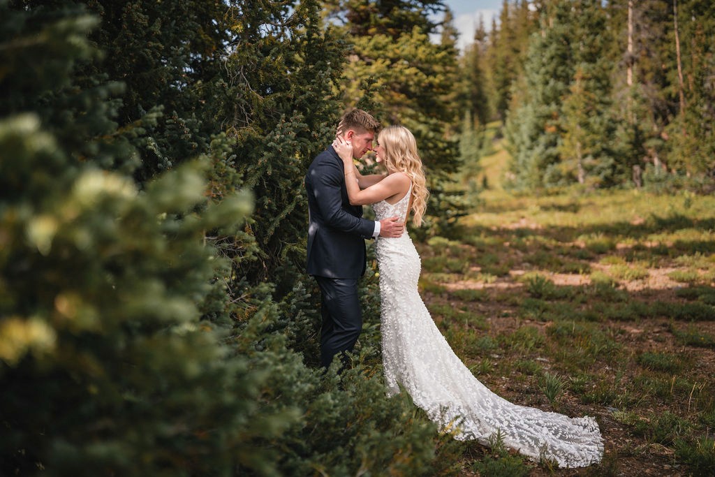Newlyweds kissing in a mountain meadow