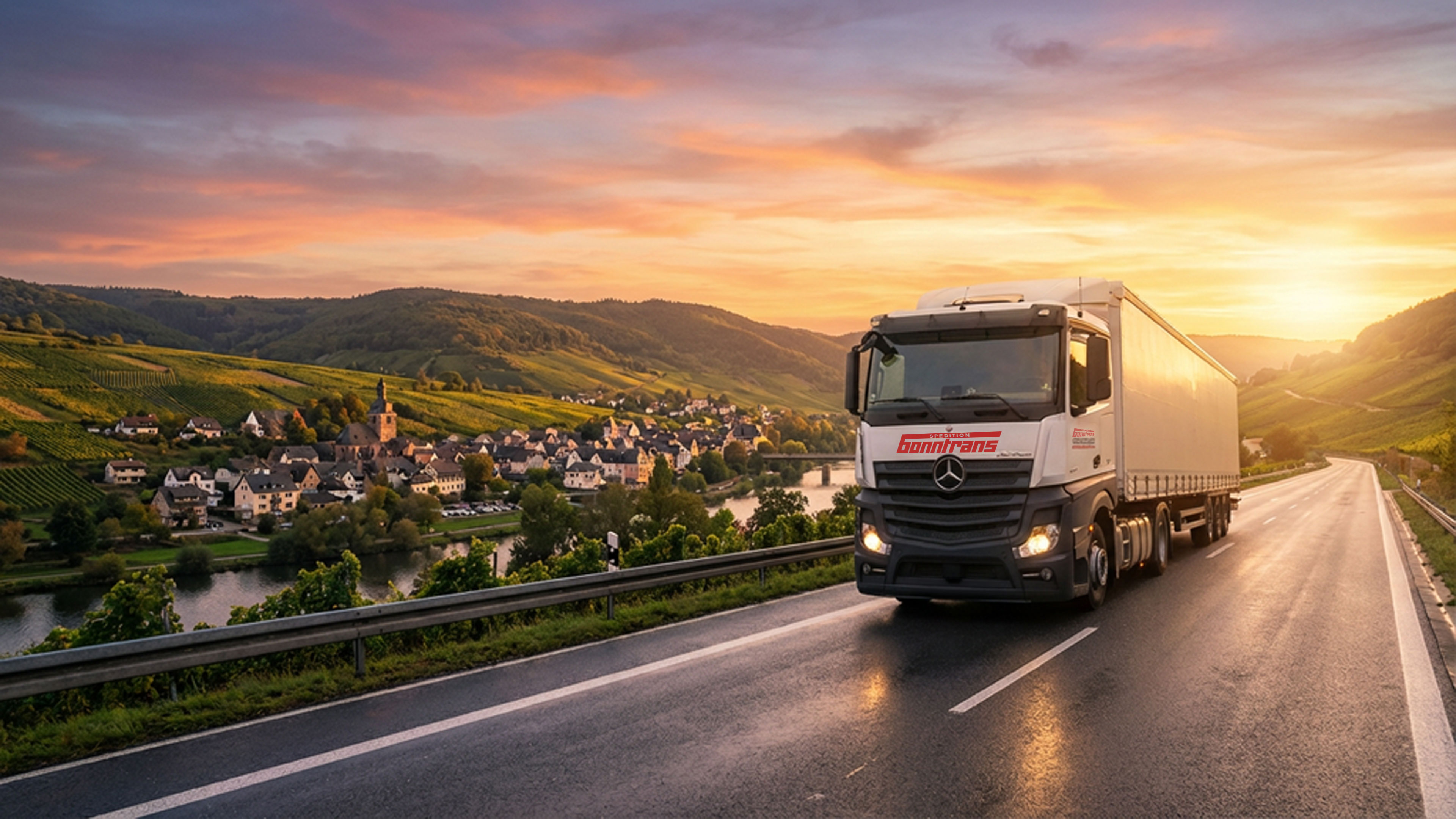 Bonntrans LKW auf Landstraße bei Sonnenuntergang