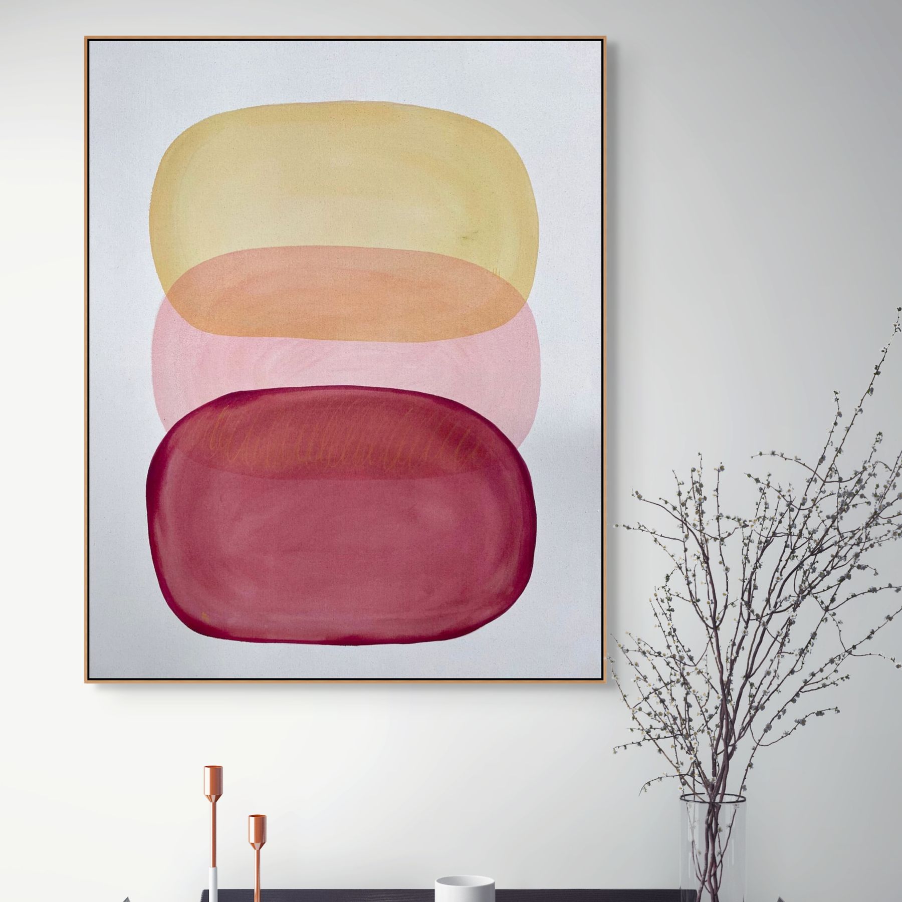 that one glass I had too many, abstract artwork in red, yellow and peach by jasmyn cheng