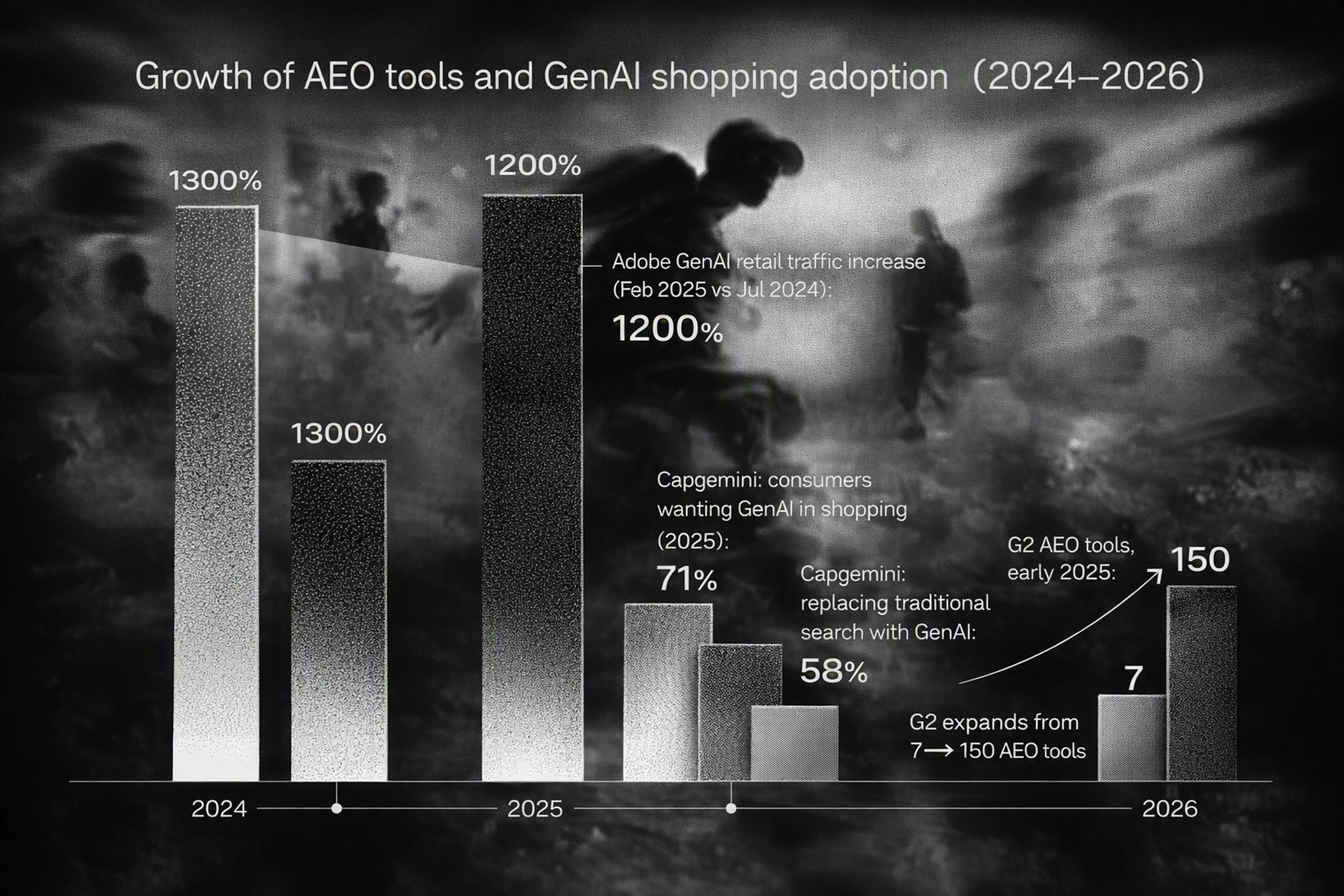 Infographic illustrating growth of AI shopping adoption and AEO visibility tools market from 2024 to 2026.