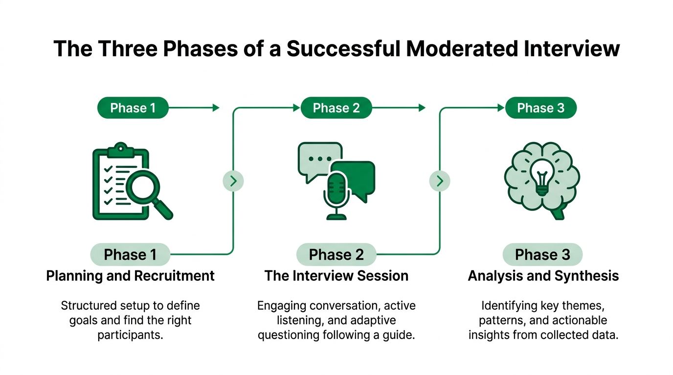 A diagram outlining the three steps of a moderated interview: planning, conducting, and analyzing the findings.