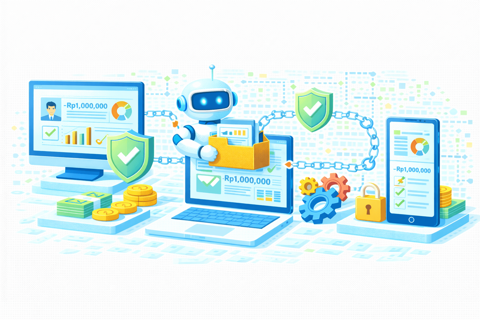 Ilustrasi AI‑assisted secure financial validation & omnichannel data protection. Di tengah, AI/robot assistant membawa boks dokumen digital di depan laptop yang menampilkan dashboard dengan nilai −Rp1.000.000 dan indikator validasi. Rantai data menghubungkan monitor desktop, laptop, dan smartphone, masing‑masing dilengkapi perisai bertanda centang yang menandakan keamanan dan kepatuhan lintas kanal. Roda gigi melambangkan otomasi, gembok menunjukkan kontrol akses, serta uang/koin merepresentasikan nilai finansial. Visual menggambarkan orkestrasi validasi transaksi, sinkronisasi data, dan perlindungan end‑to‑end berbasis AI.
