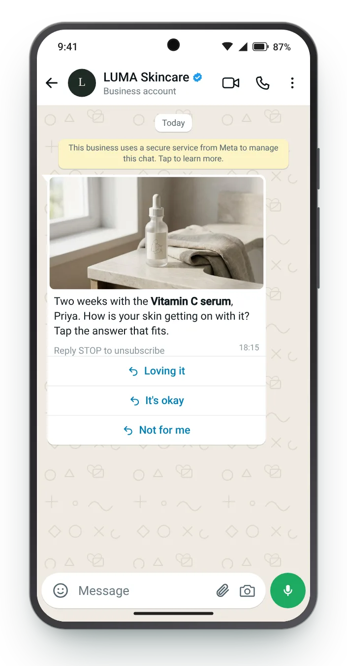 Three quick replies, then the form: WhatsApp review request on an Android phone