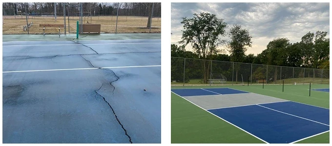 Before and after photos of blue pickleball court resurfacing in Bellevue, WI with repaired cracks and new line striping