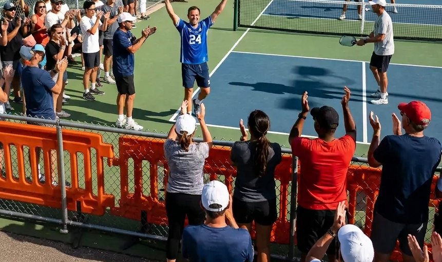 Players and spectators celebrating at the end of a tournament match