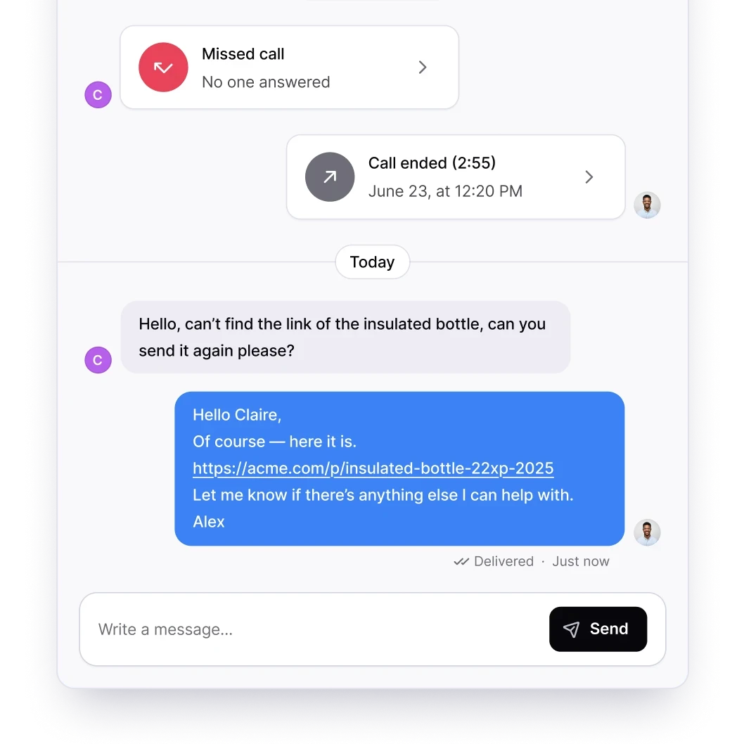 Consio interface showing a missed call, call summary and a follow-up SMS conversation with a customer, demonstrating unified voice and messaging