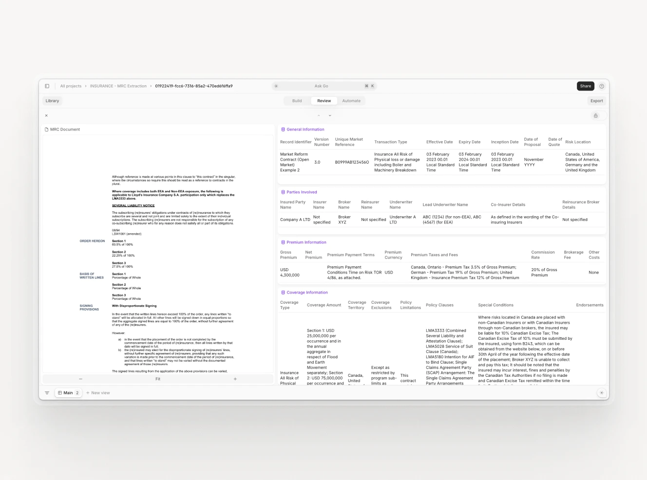 Screenshot of an AI-enabled document review platform analyzing key information for insurance underwriting, including general details, premium information, and coverage clauses.