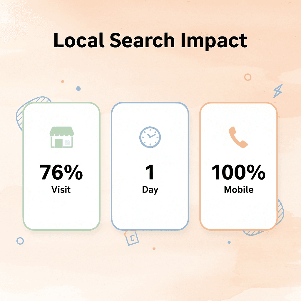 Statistics showing local search impact with 76% visit rate within one day