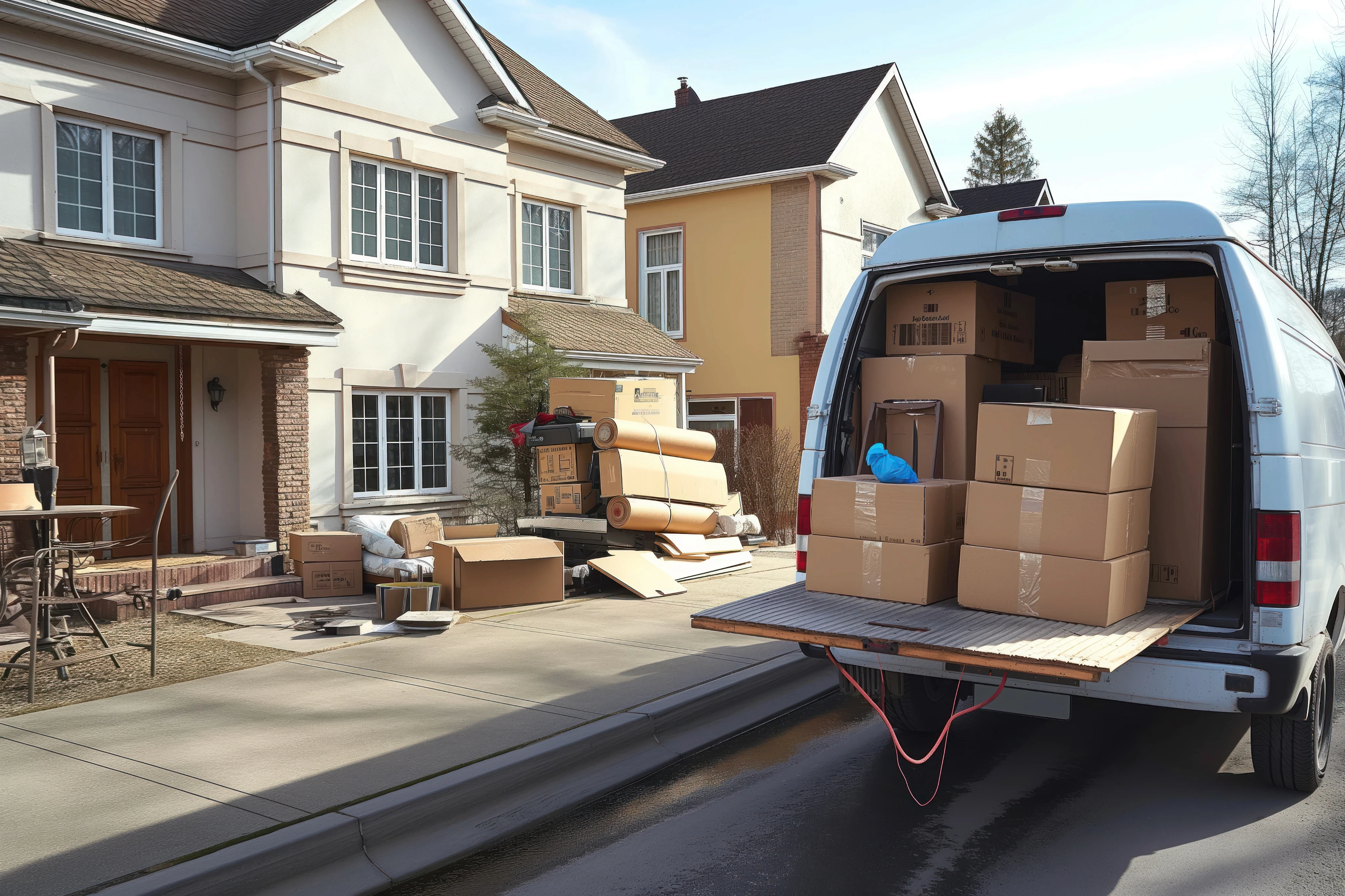 Open moving van filled with packed boxes parked on a residential driveway during a home relocation.