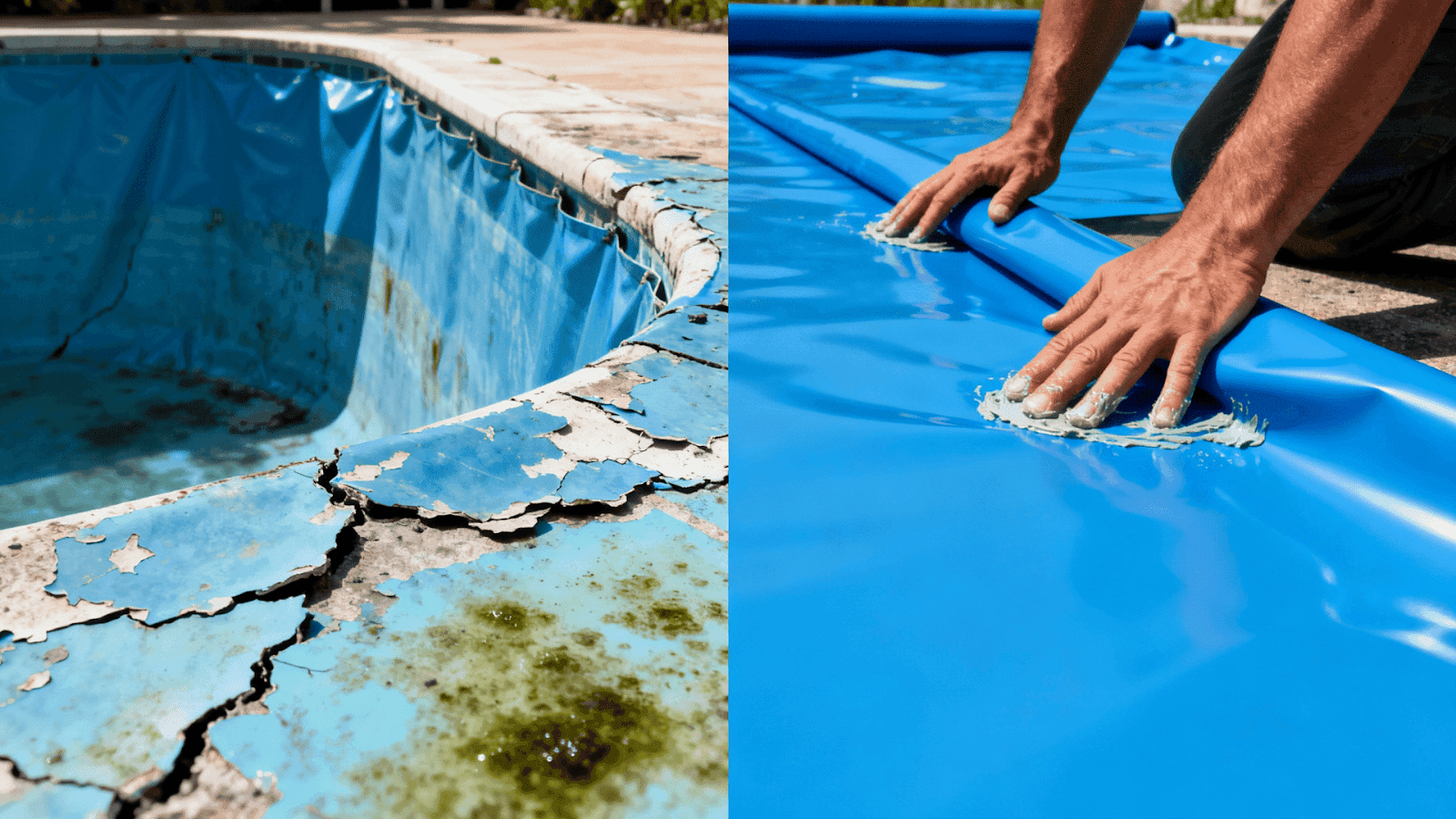 Old worn vinyl liner next to a newly installed liner showing signs it’s time for replacement.