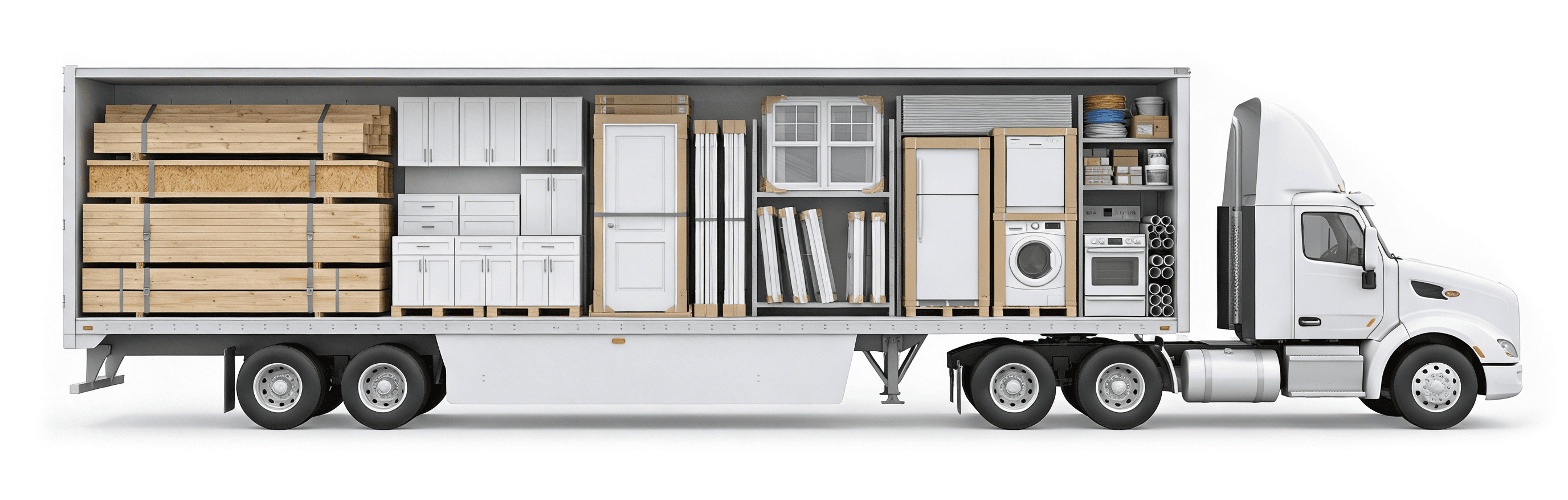 A cross section of a loaded Home Kit in a semi-trailer