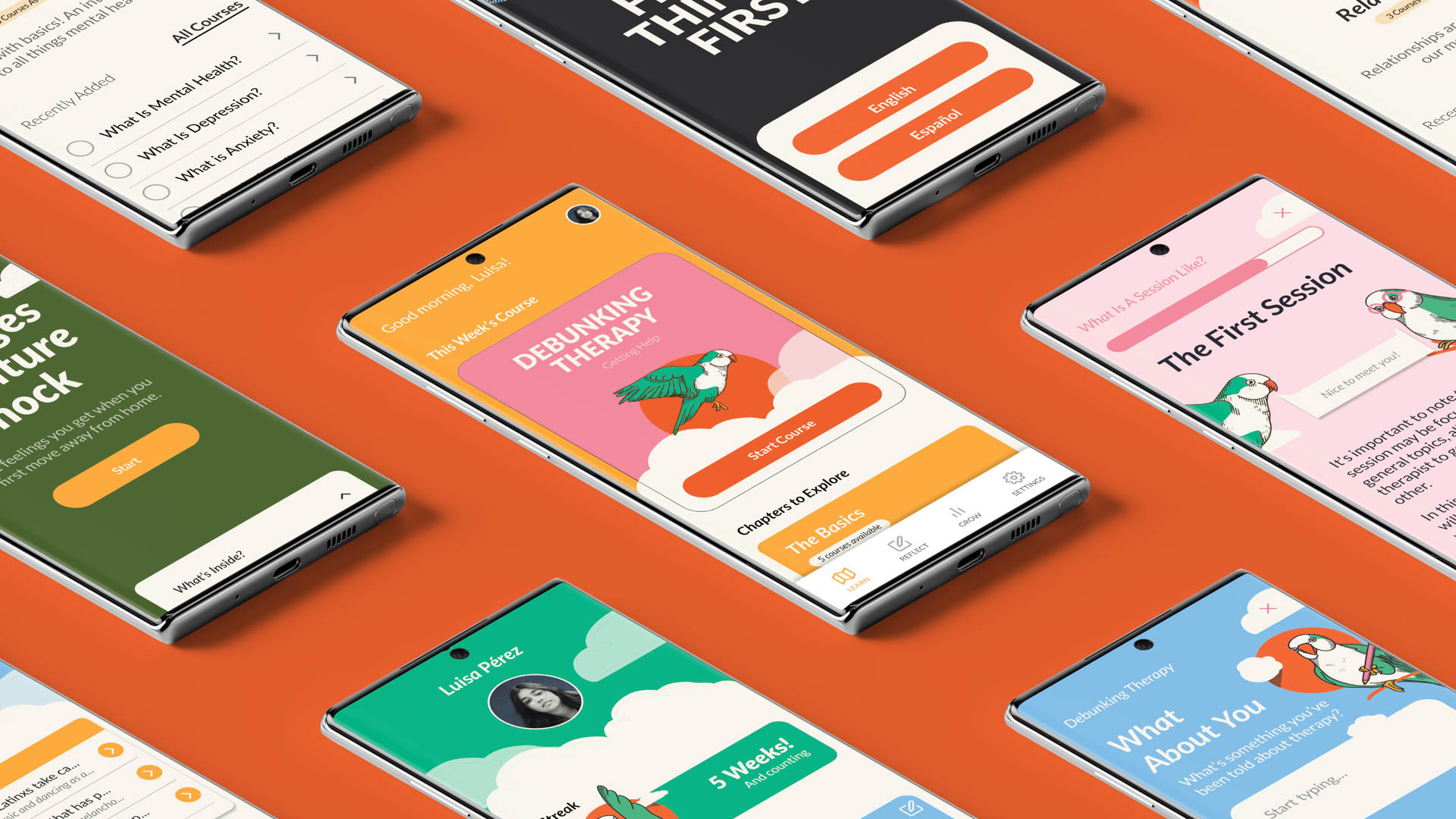 The image shows eight smartphones arranged on a bright orange background. Each phone displays a different app interface. The apps include “All Courses,” “What is Mental Health?,” “What is Depression & Anxiety?,” “This Morning’s Course,” “Debunking Therapy,” “Start Courses,” “The First Session,” “What’s Important to Know,” and “What’s something you’ve learned about yourself?” The phones are positioned at various angles, showcasing the app interfaces in a grid-like arrangement.