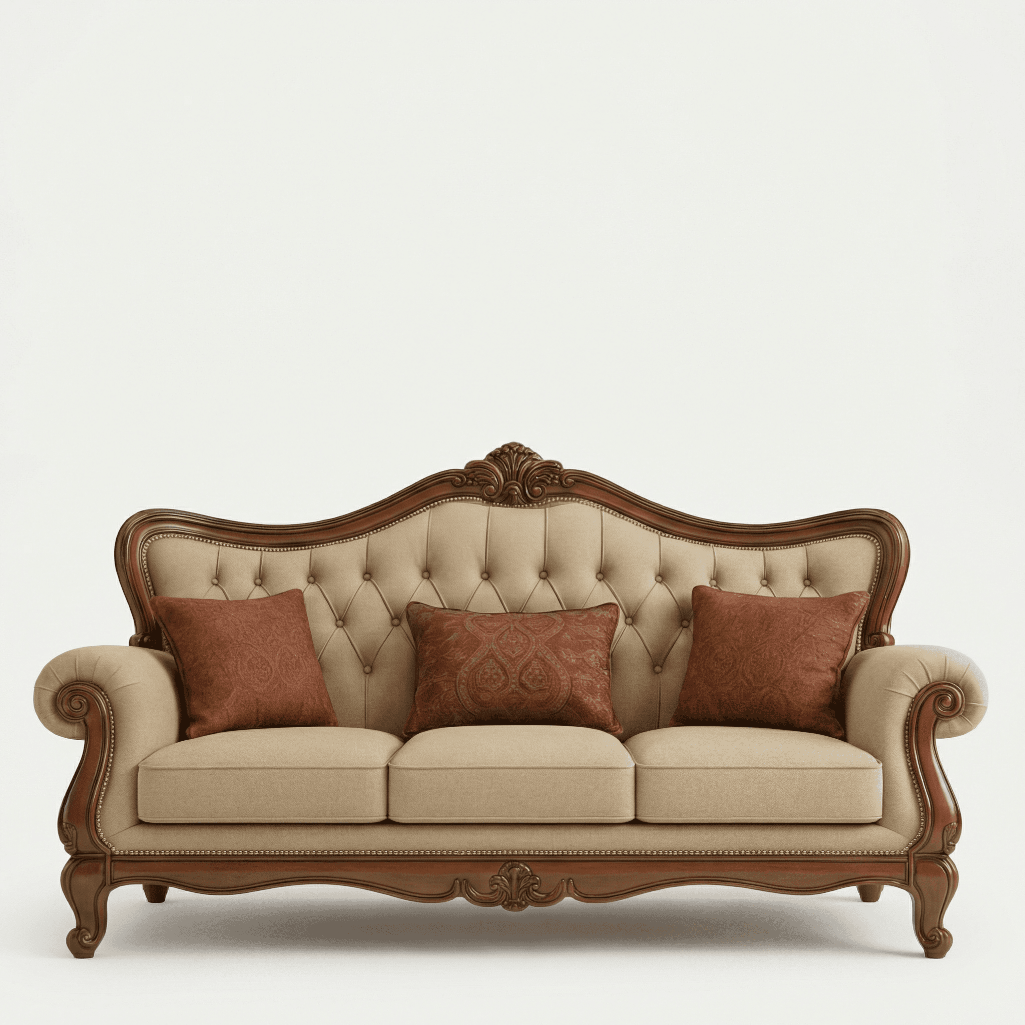 A heritage‑inspired three‑seater showcasing carved wooden accents and classic upholstery.