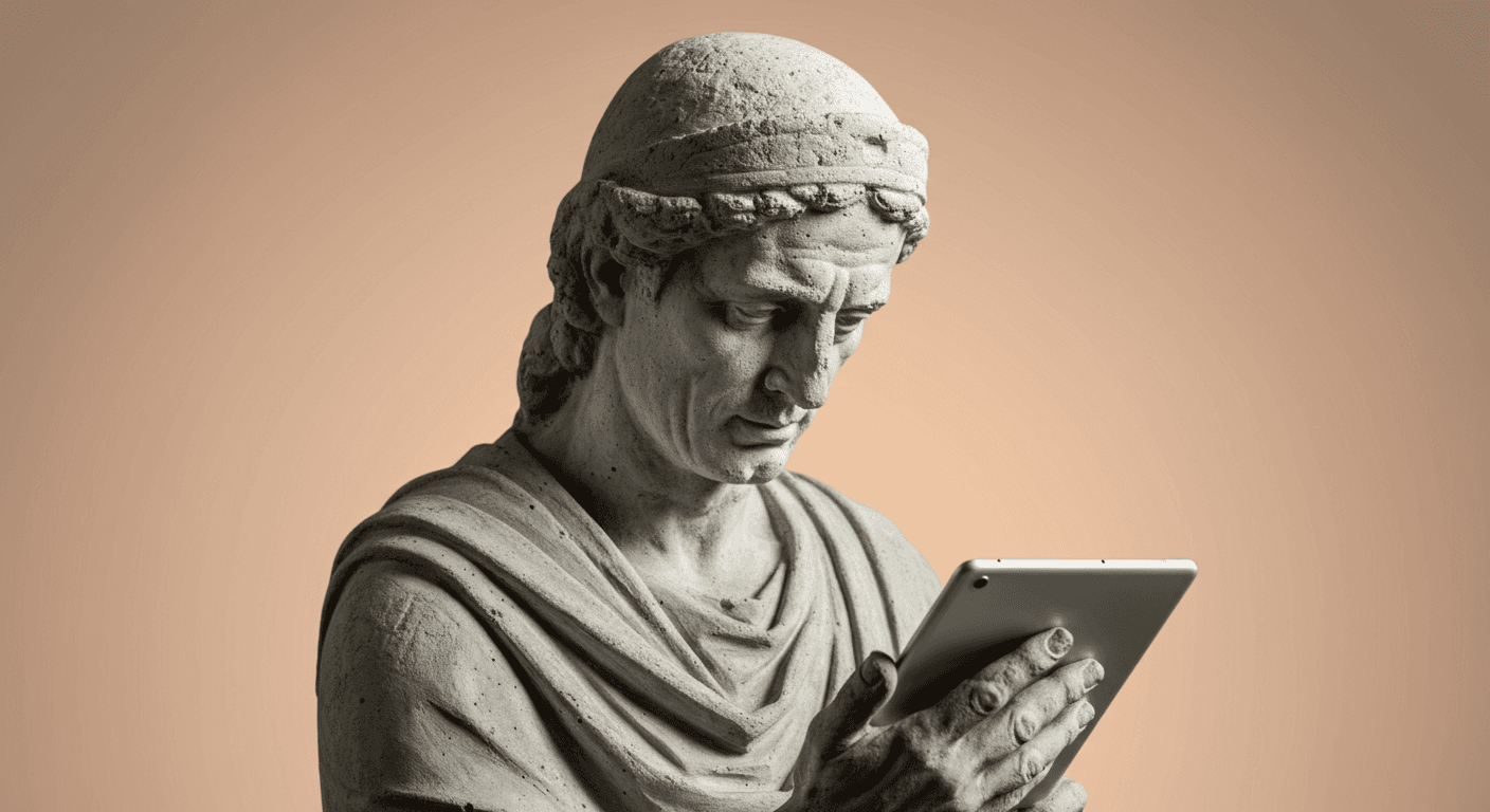 a statue of a man looking at an ipad