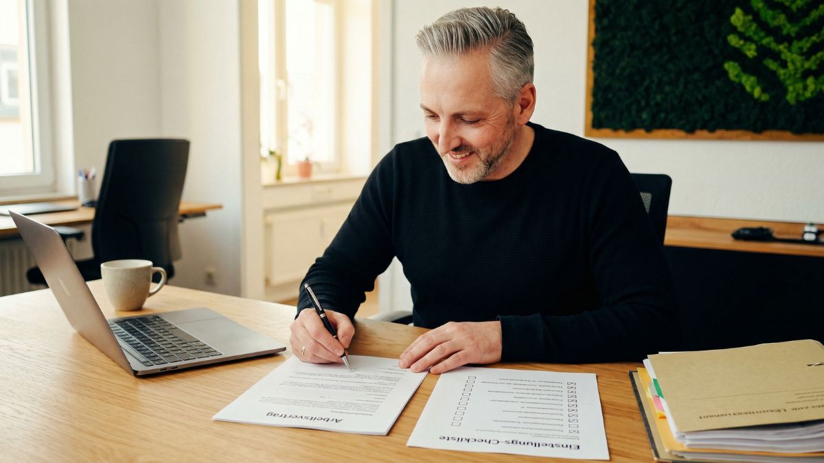 Checkliste mit den 15 Pflichtangaben nach §2 Nachweisgesetz auf einem Schreibtisch
