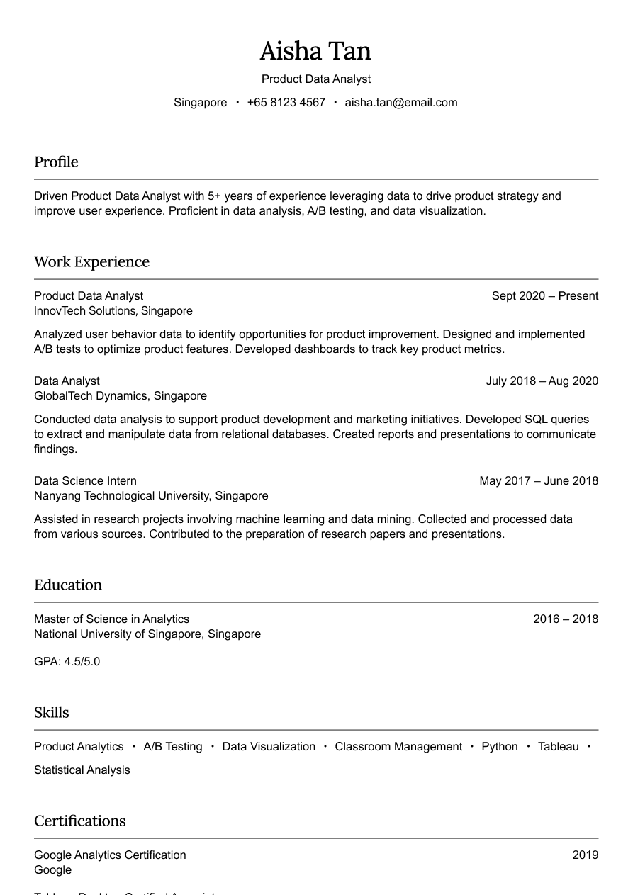 Product data analyst resume example