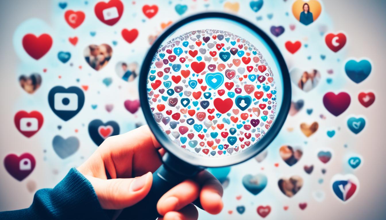 A hand holding a magnifying glass, zoomed in on an Instagram profile picture with numerous heart-shaped icons indicating engagement. In the background, a silhouette of a person taking a photo with their phone camera can be seen, suggesting the importance of producing high-quality content for engagement.