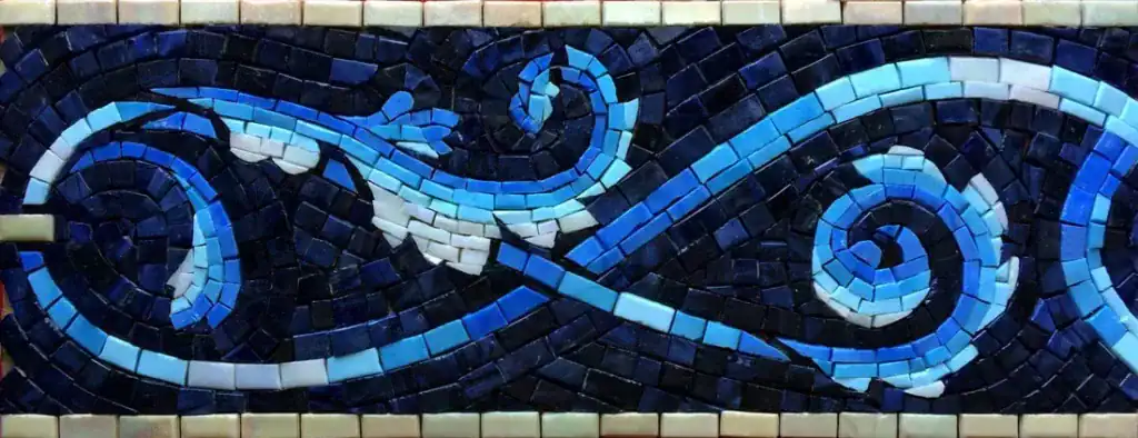 Scrolling Wave mosaic border, Blue on black with cream bands, hand-cut — reference H-18, Mosaiclegs Art Studio