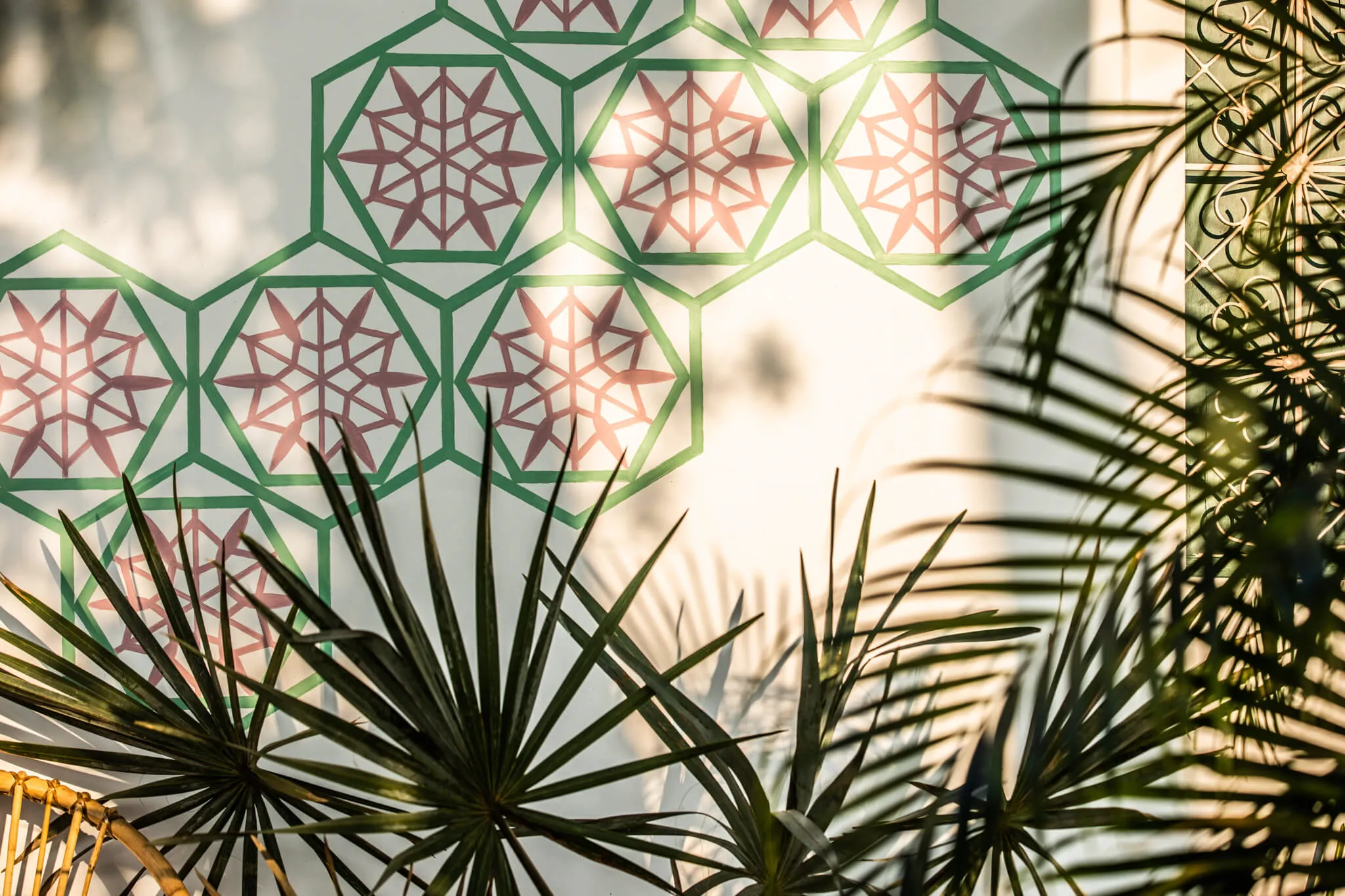 Geometric jaali shadows and palm fronds at Casa Jaali