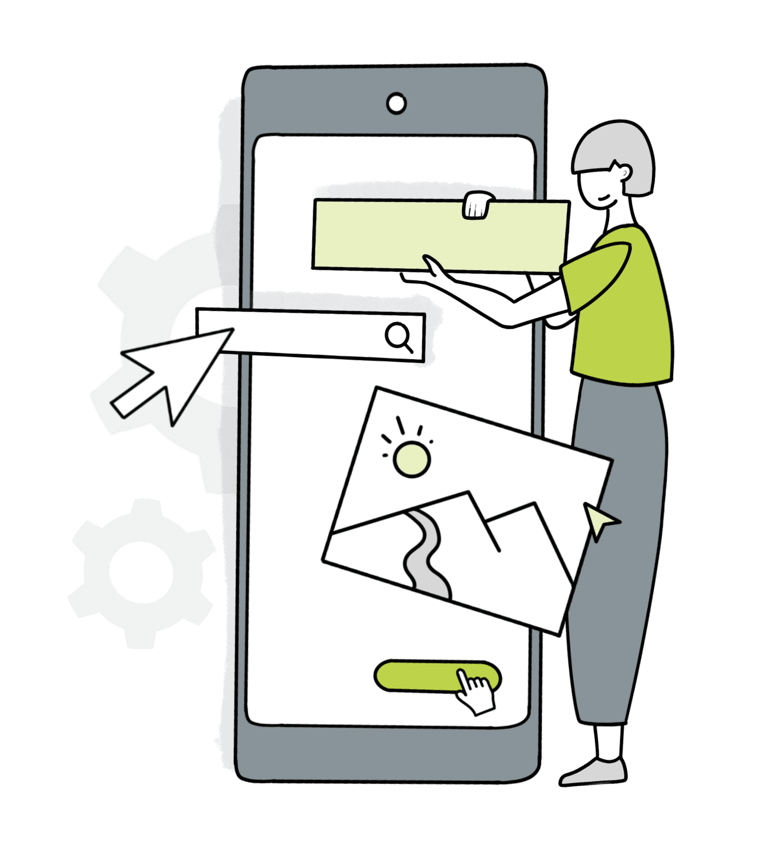 Illustration Usabilitywerk Usability Check App (Person ordnet Bereiche auf Smartphone an)