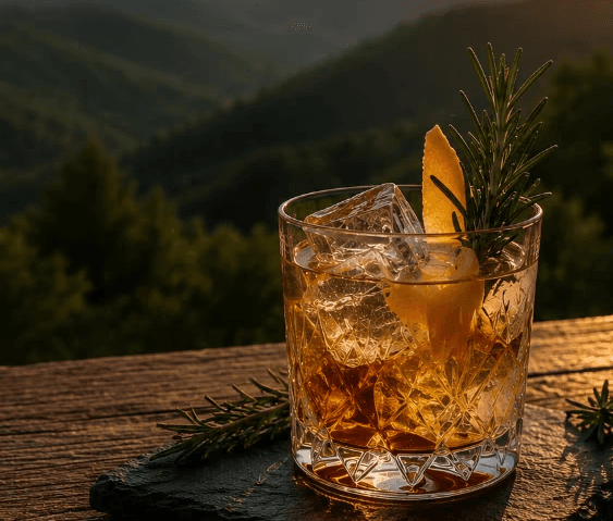 Whiskey cocktail with rosemary garnish on a wooden table at sunset in the Asheville mountains