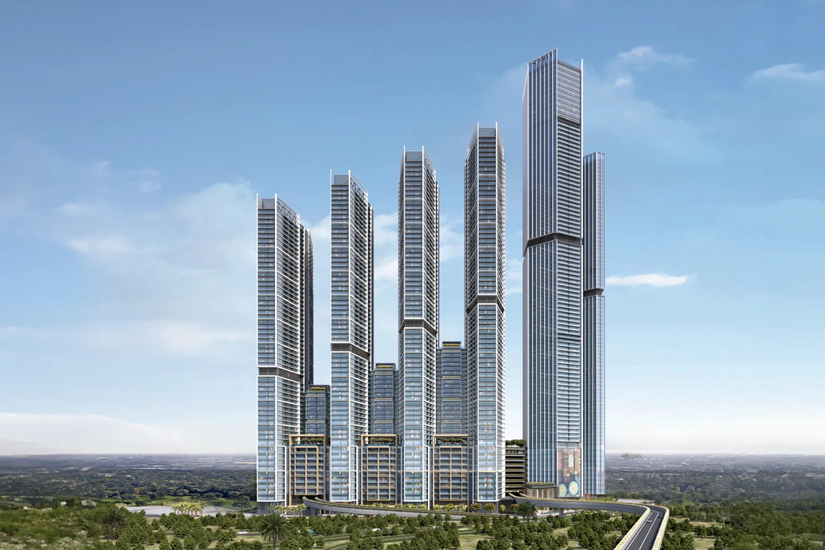 The Mirage at Sobha Central, showcasing the tallest buildings in the world against a clear blue sky.