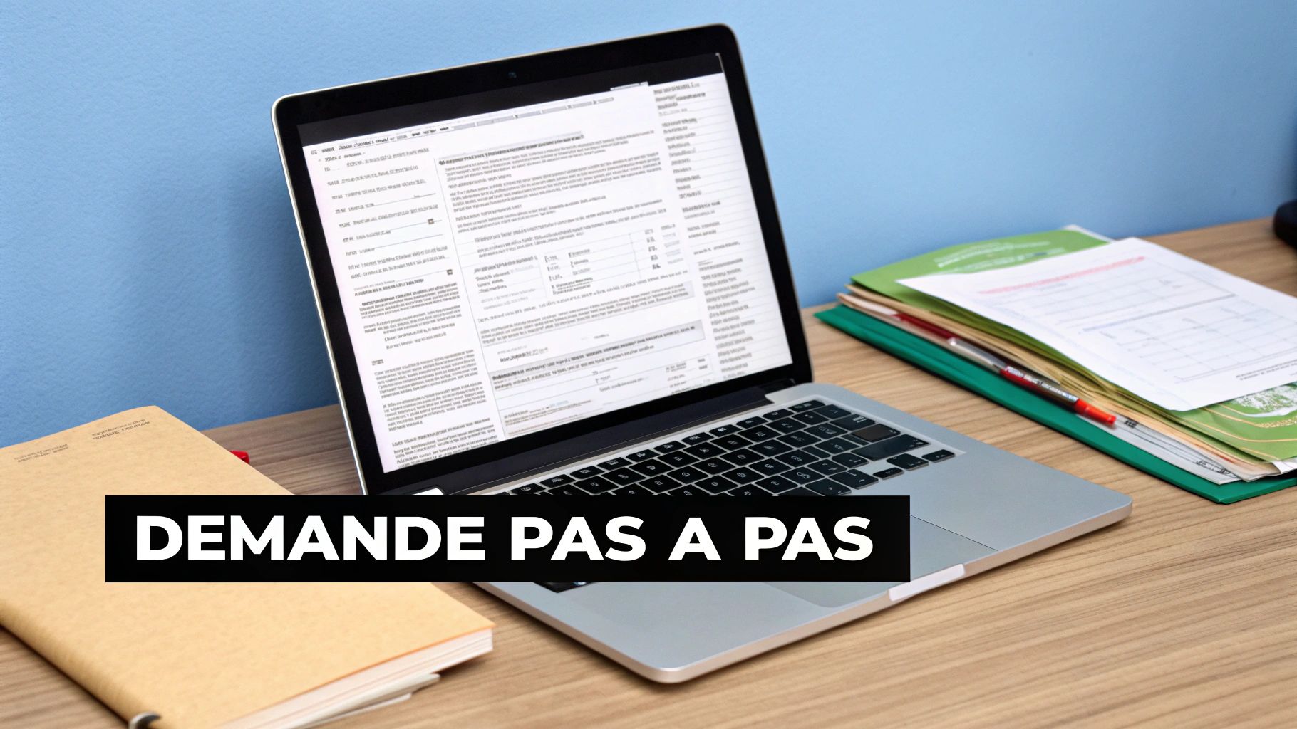 Ordinateur portable sur un bureau, affichant des informations. Un cahier et des dossiers à côté, avec le texte 'DEMANDE PAS A PAS'.