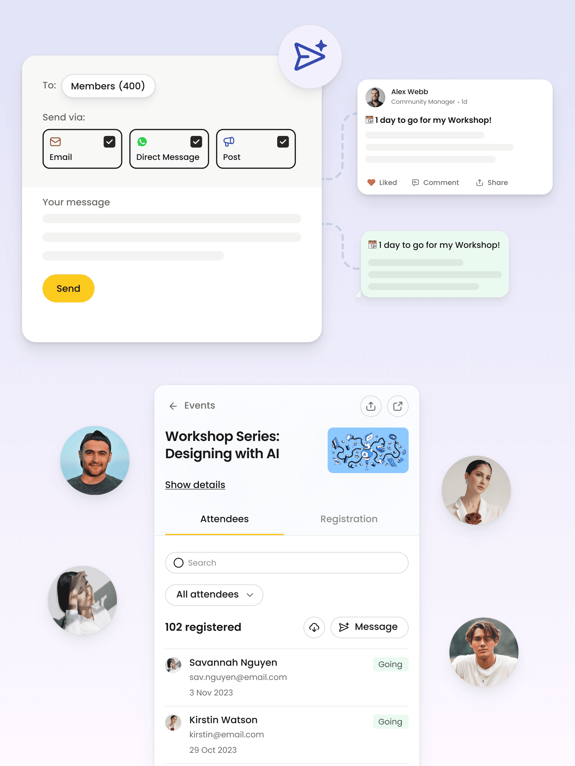 Screenshot of a messenger app with a notification for an upcoming workshop on designing with AI, organized by the Developer Club. The workshop is expecting 102 registered attendees.