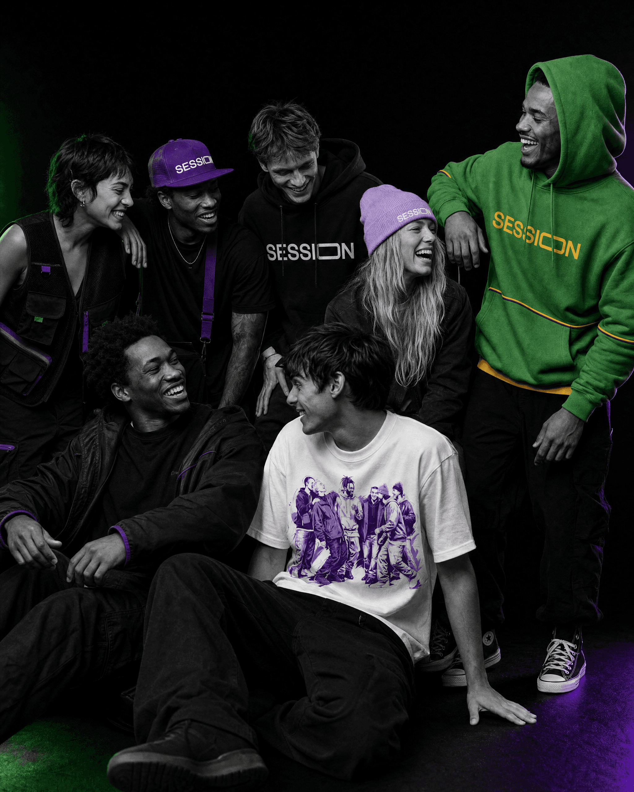 Friends laughing together in Session Zone hoodies, T-shirts, hats and beanies from the cannabis brand’s apparel collection.