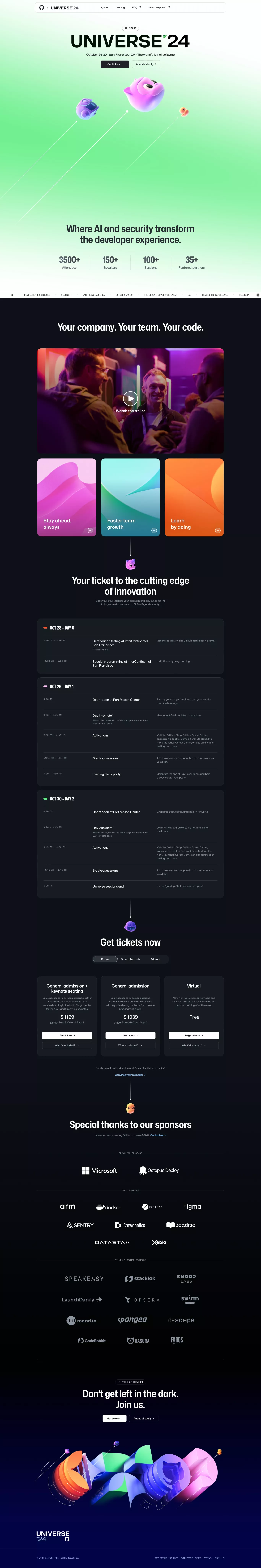 GitHub Universe - 2024 landing page screenshot showcasing Event and Tech design