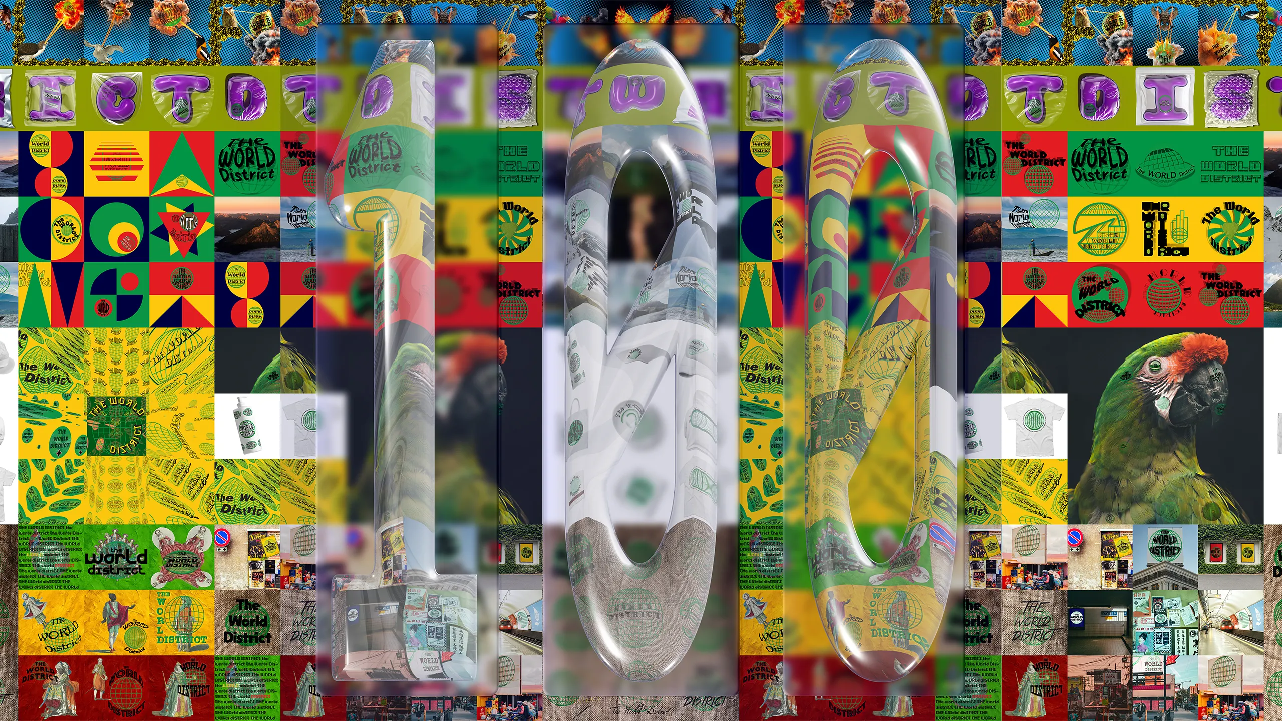 100 Logos hero: repeating collage of all 100 logo tiles behind large glassy dimensional "100" numerals