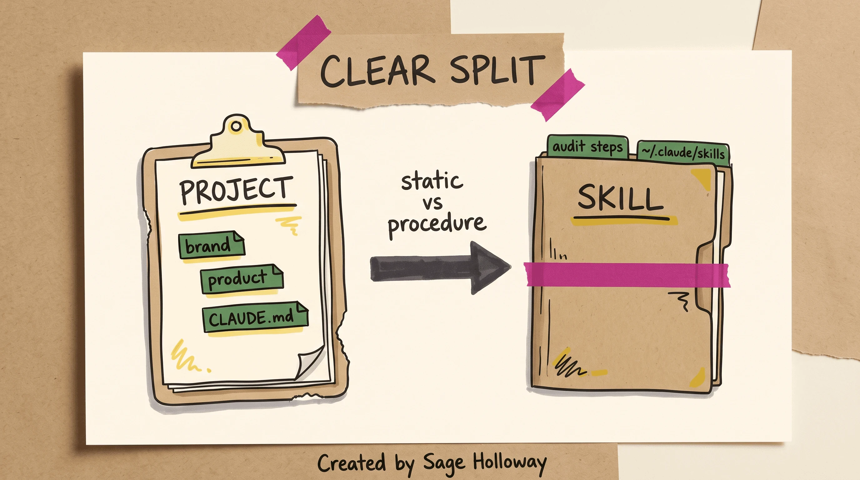 Diagram splitting Claude Project business context from Claude Skill audit procedures