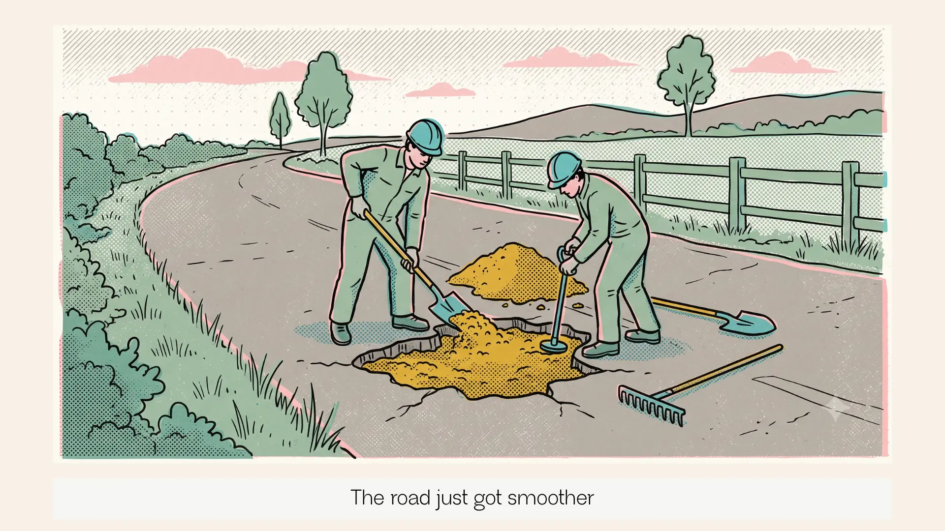 A single road with a pothole being filled in.