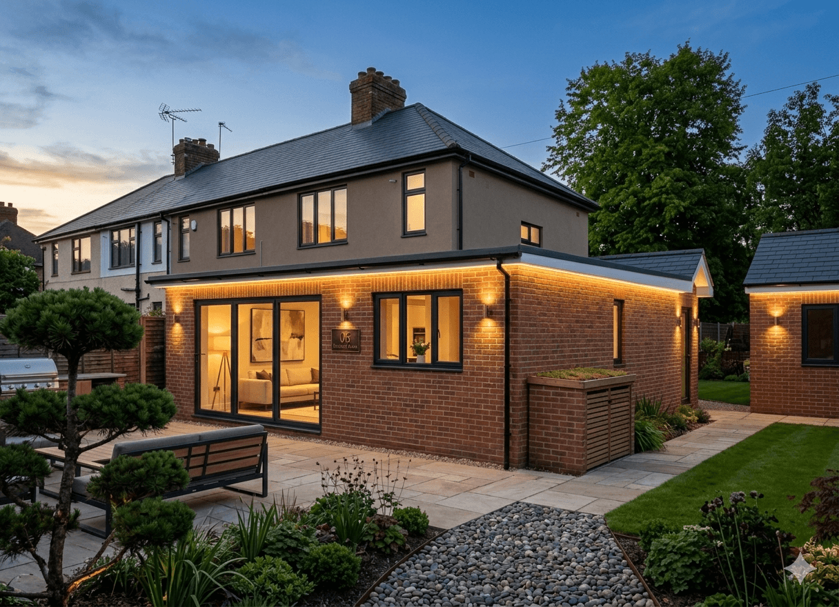 Minimalist entryway with curved walls, pampas grass, and a neutral bench under soft natural light.