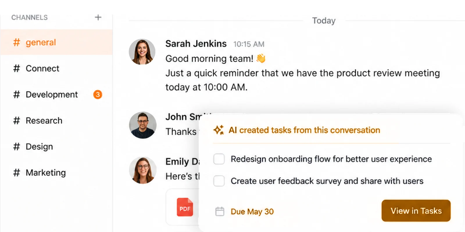 Team chat interface with AI automatically converting conversation messages into actionable tasks, including assignees, due dates, and task management integration.