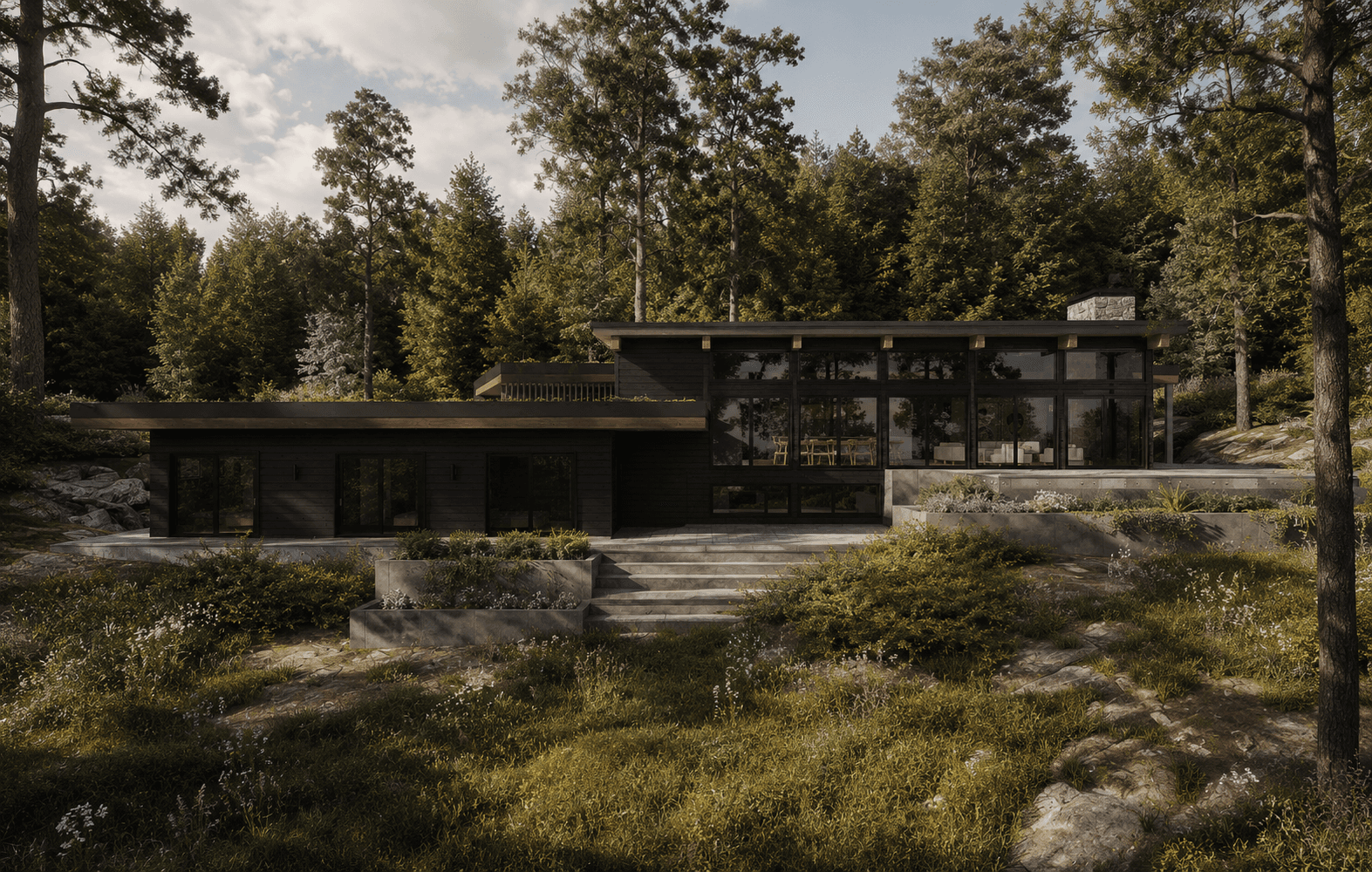 mid-century modern home with walkout basement facing a lake.