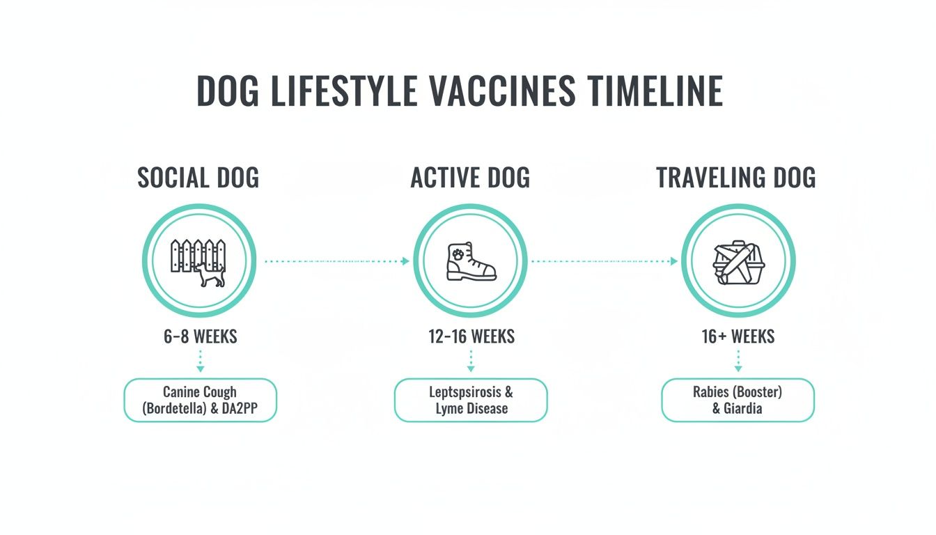 Dog lifestyle vaccines timeline showing recommended vaccinations for social, active, and traveling dogs at different ages.