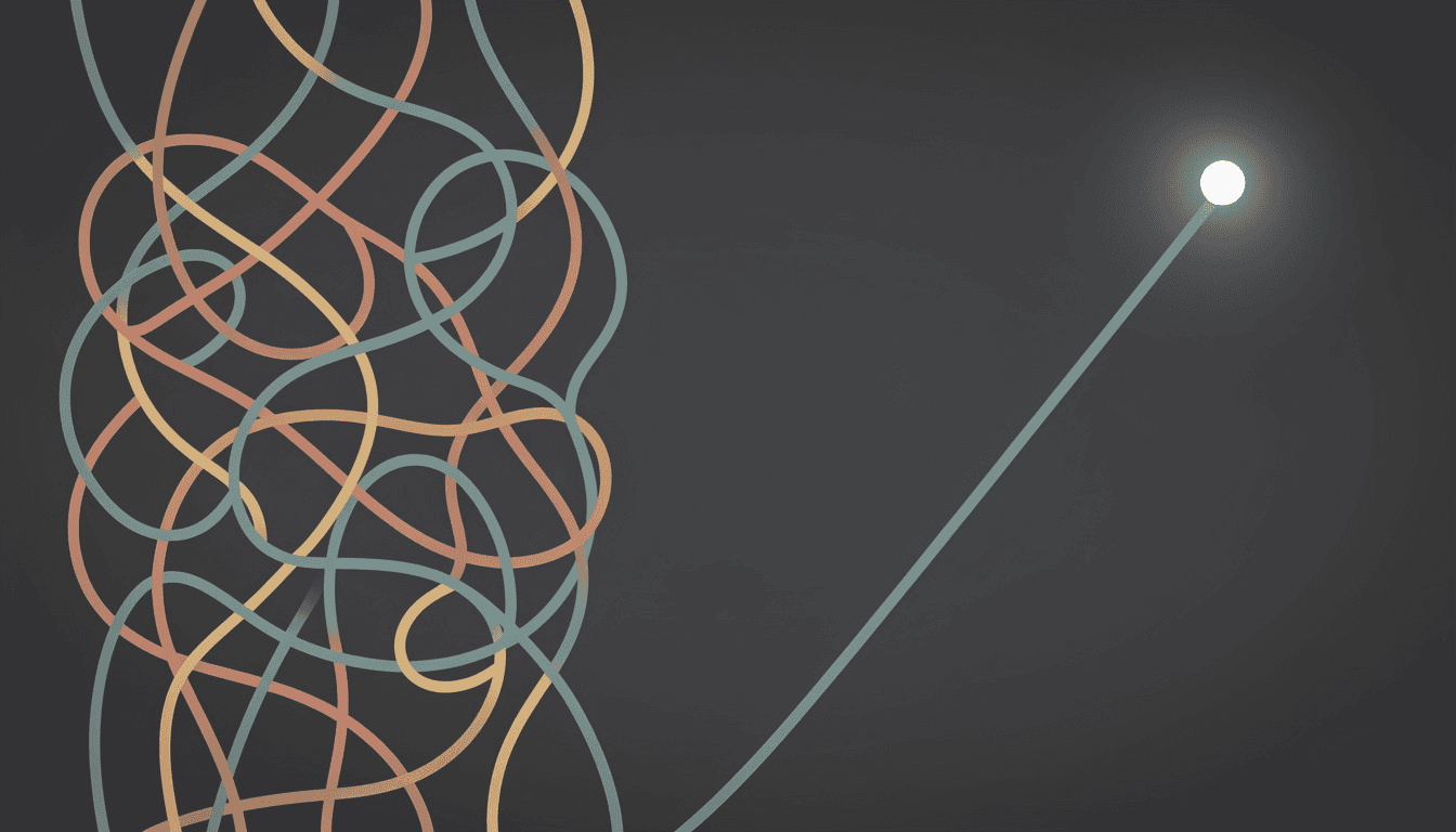 Tangled colorful threads on one side transform into a single clear path on the other, representing the shift from chaotic marketing to systematic testing