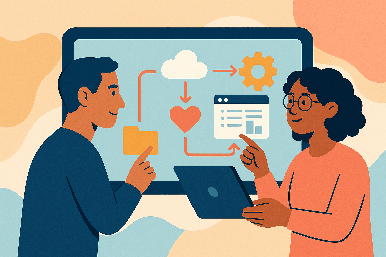 Two nonprofit professionals collaborate over a digital roadmap with cloud and gear icons, symbolizing connected systems and sustainable growth.