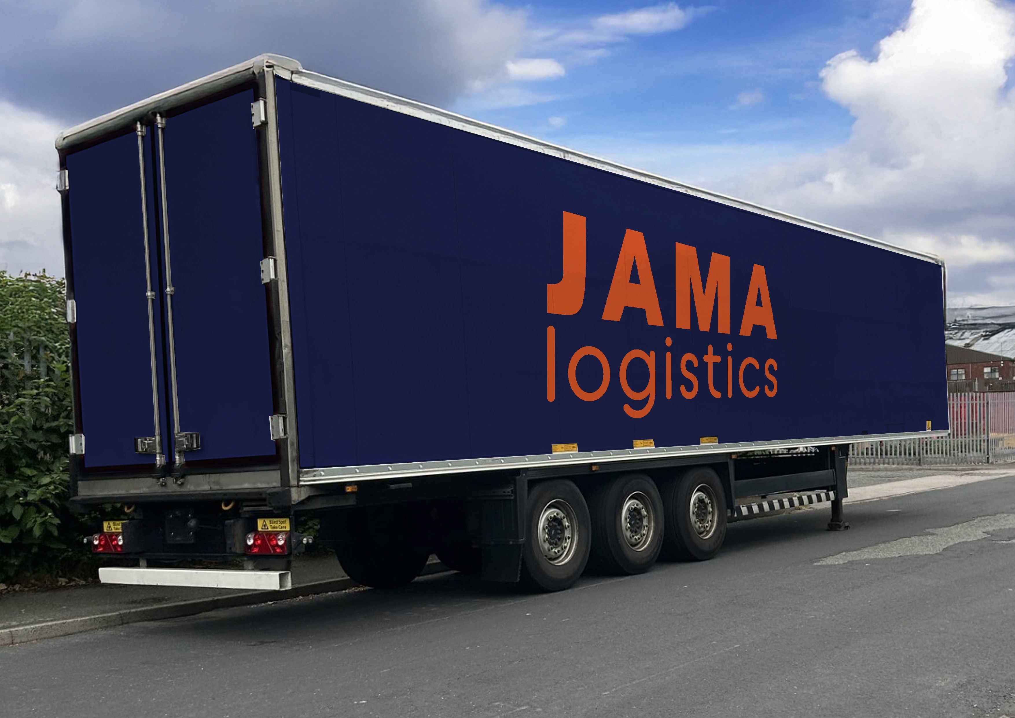 image of an artic trailer with blue body and orange jama logistics logo on the side