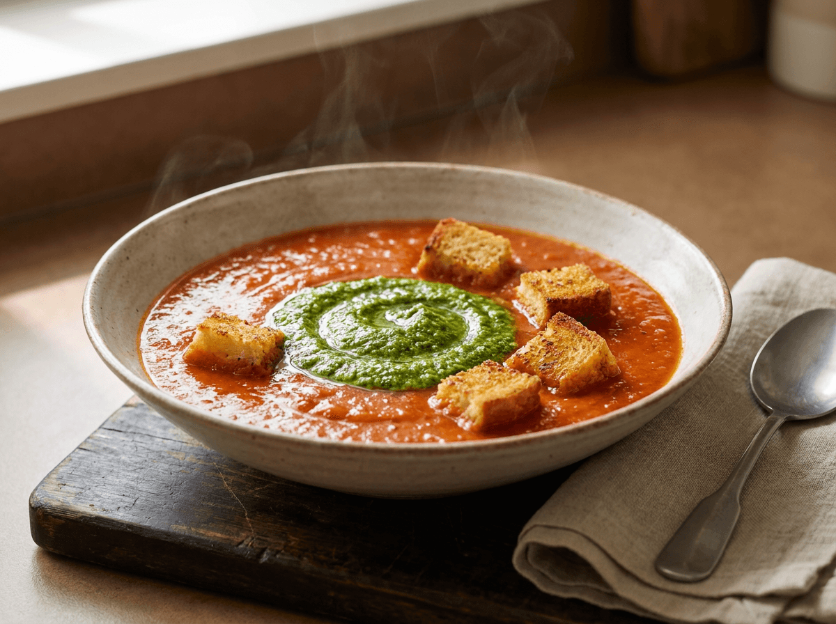 Creamy tomato and roasted red pepper soup with pesto swirl and grilled cheese croutons