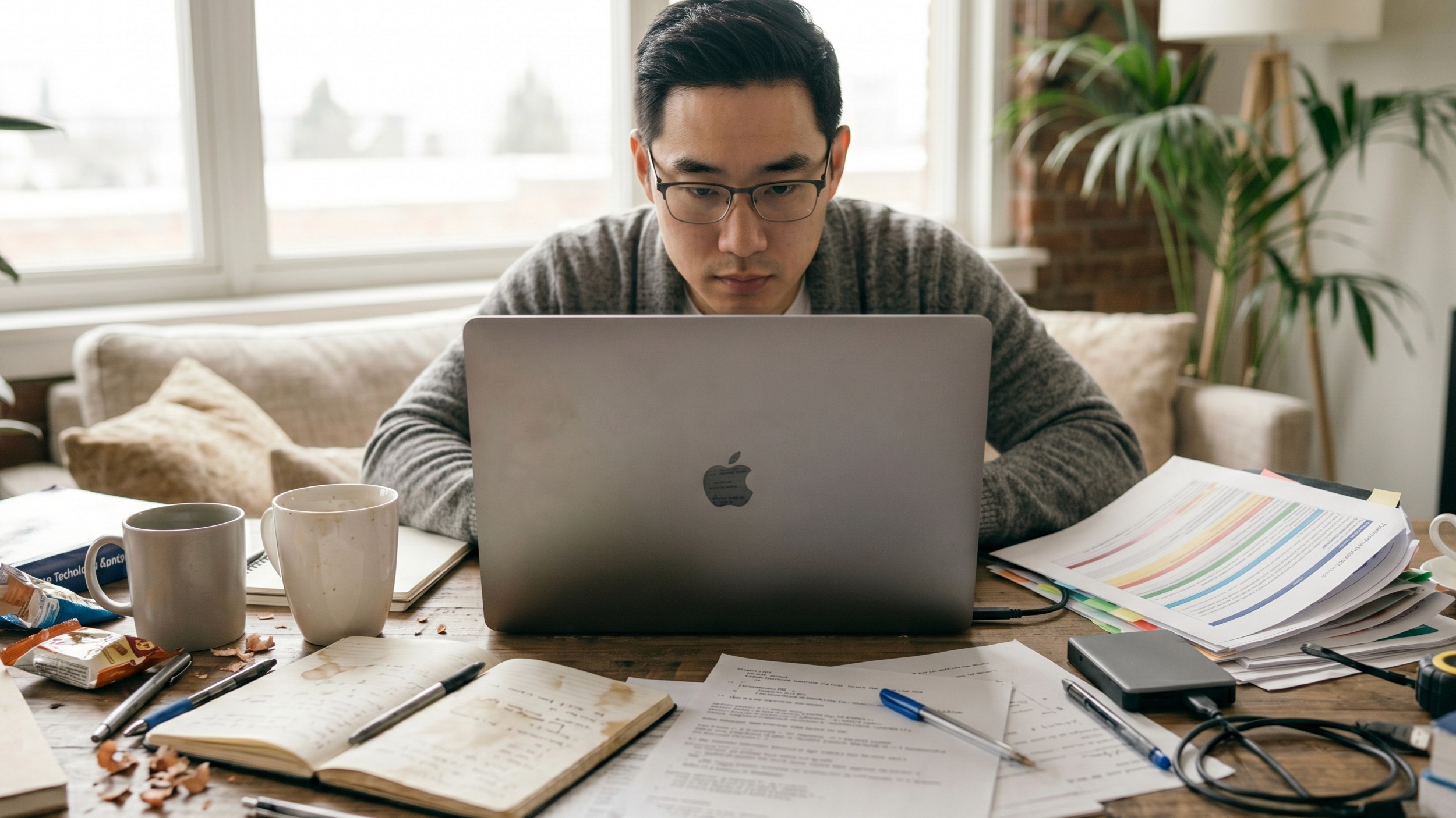 A close-up, candid-style photograph of a man with glasses looking intensely at his laptop screen, capturing a moment of deep focus or exhaustion. He is seated at a wooden table overflowing with a chaotic clutter of papers, open notebooks, pens, scattered documents, an external hard drive, and multiple empty coffee mugs. The background features a bright, modern living space with a soft couch and green indoor plants. The image has a warm, neutral color palette with gentle, natural lighting and a shallow depth of field, creating an authentic, unposed editorial look.