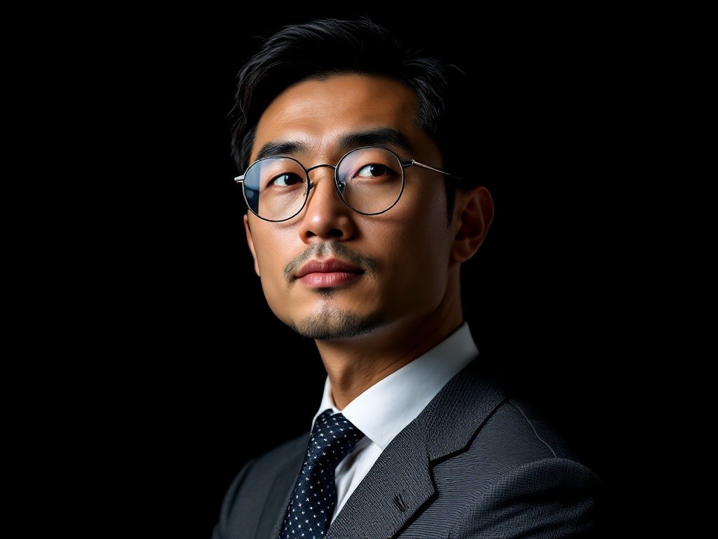 A portrait of a young Asian businessman in a suit and glasses, looking thoughtfully off to the side against a black background.