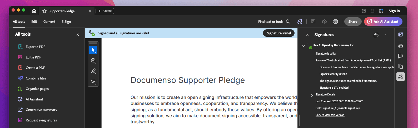 Adobe Acrobat showing a Documenso signed PDF with a green checkmark, confirming the signature is valid and trusted through the Adobe Approved Trust List.