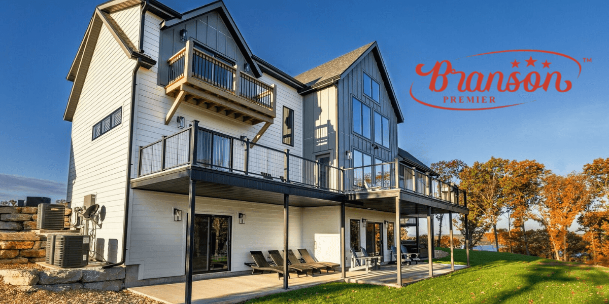 Branson Premier vacation rental property with scenic view, featuring modern design and outdoor seating area, perfect for relaxation.