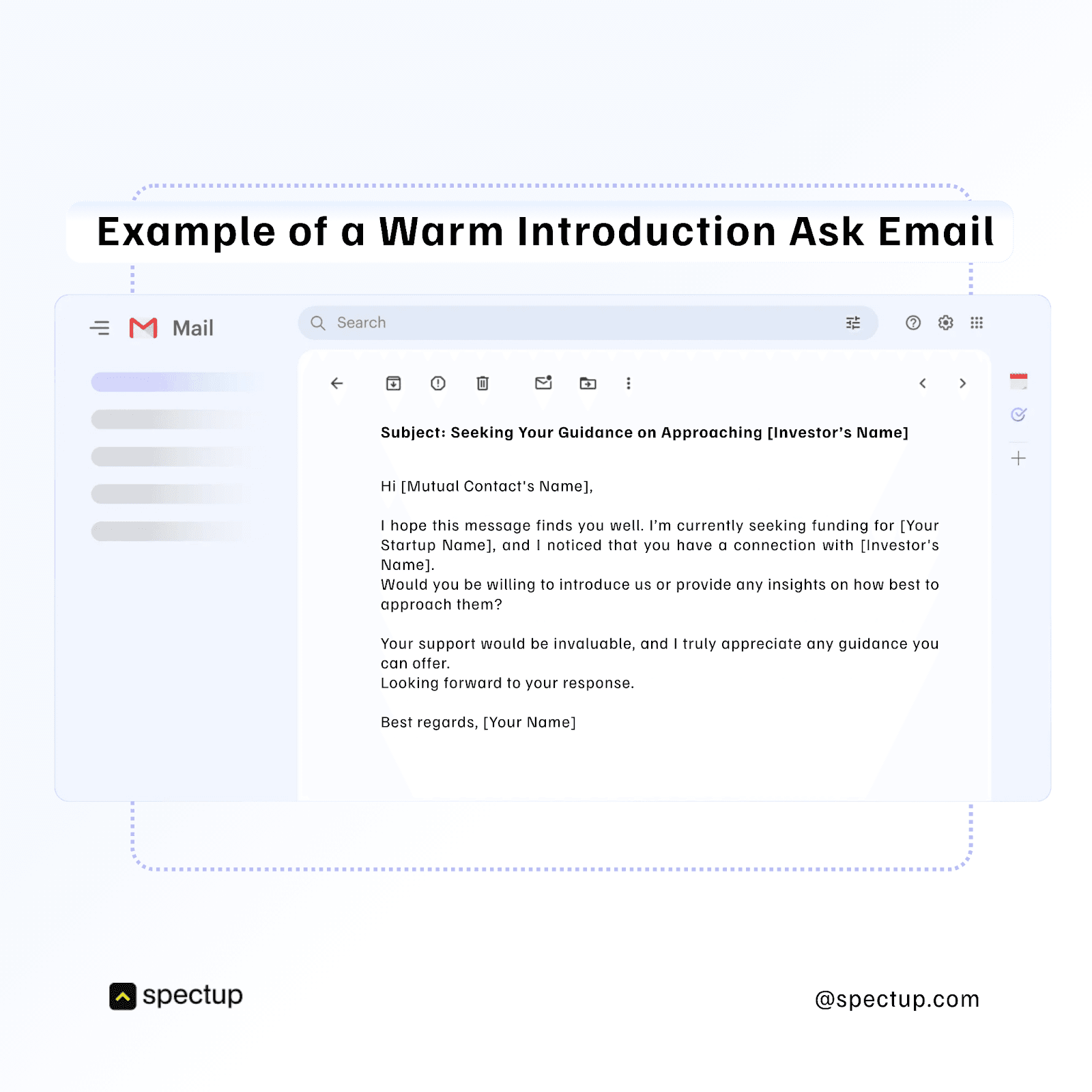 Example of a warm introduction email template for investor outreach, showing a concise, polite message to re-engage potential investors regarding a company's growth opportunity
