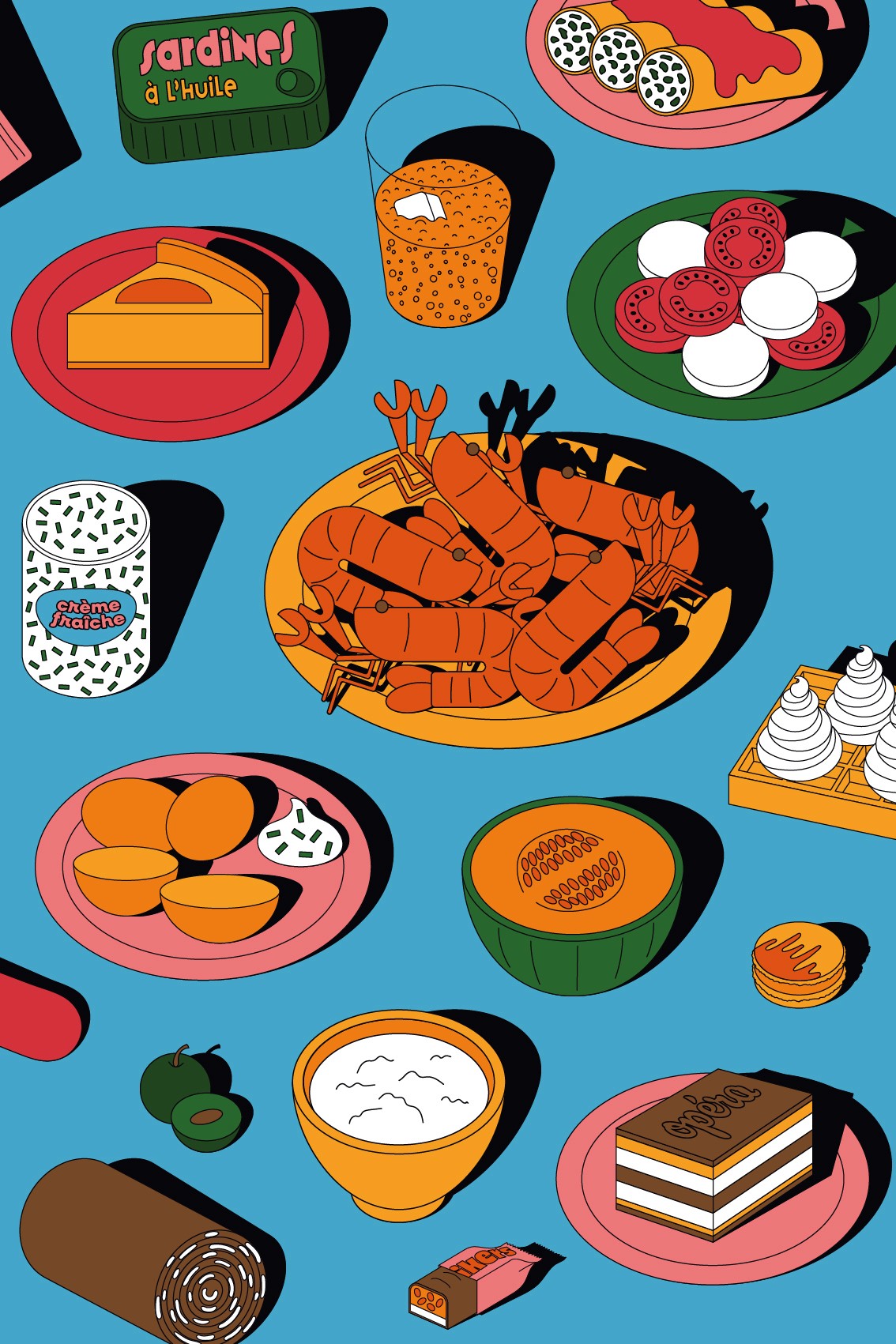 Affiche bleue avec illustrations