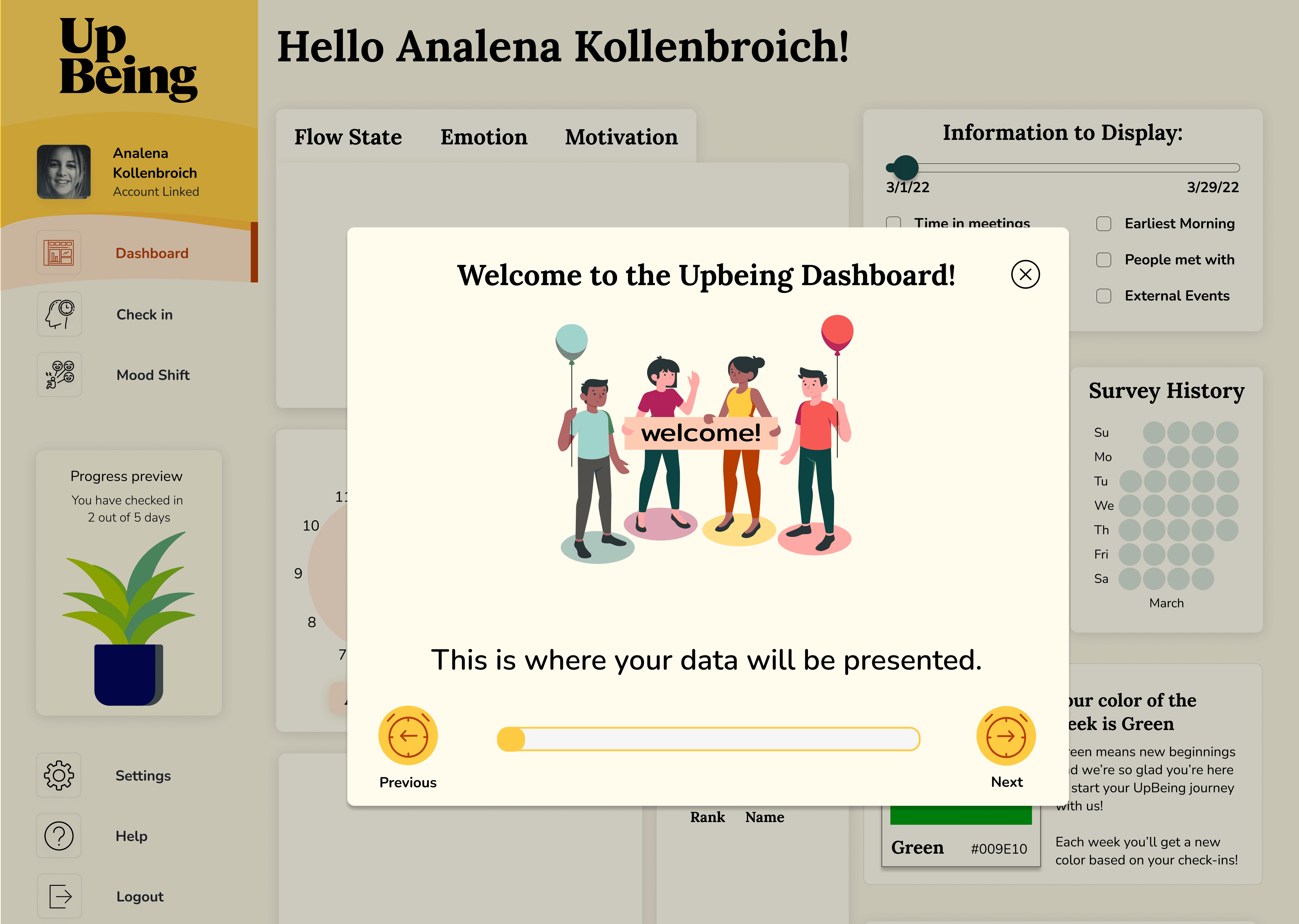 UpBeing dashboard with a welcome modal overlay introducing the user experience, featuring illustrated characters, brief onboarding text, and progress indicators.