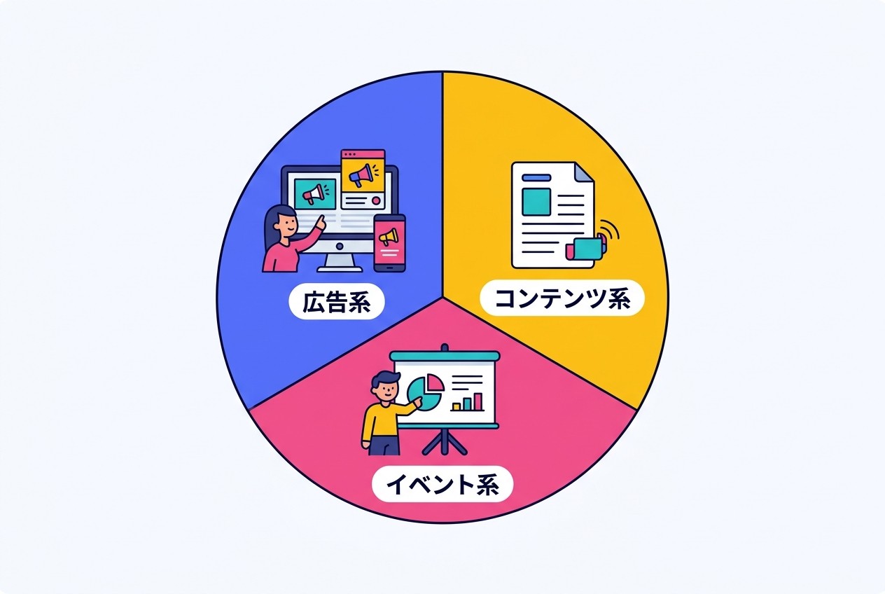 リード獲得チャネルの理想的な配分。単一チャネルに依存せず、広告系40-50%、コンテンツ系30-40%、イベント系15-25%に分散することでリスクを軽減できる。各チャネルの特性を活かした運用が重要。